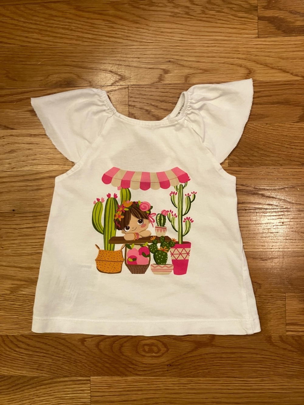 Mayoral size 3 White Flutter Sleeve Tank with Pink & Green Cactus Market Graphic